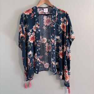 Knox Rose Teal Floral Kimono Top Tassels Bohemian Flowy Feminine Resortwear XS/S